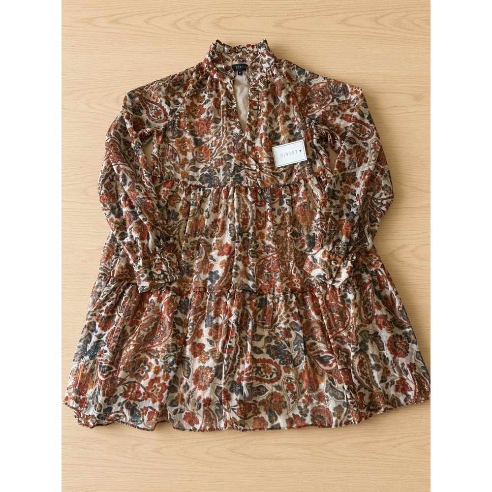 1.STATE Women Brown Paisley Floral Tiered Mini Dress Metallic Lurex Small NEW